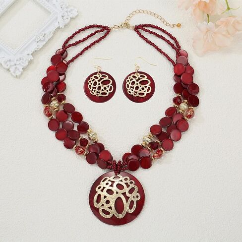 Gold/Silver plated Circle Metal Patterned Shell Pendant Necklace and Earrings Colorful Chunky Layered Shell Crystal Stone Beads Necklace Set for Women Leopard Print Brown Jewelry Set Gift in Saudi Arabia