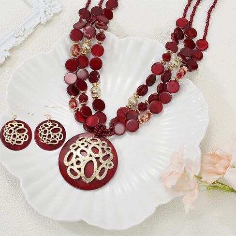 Gold/Silver plated Circle Metal Patterned Shell Pendant Necklace and Earrings Colorful Chunky Layered Shell Crystal Stone Beads Necklace Set for Women Leopard Print Brown Jewelry Set Gift in Saudi Arabia