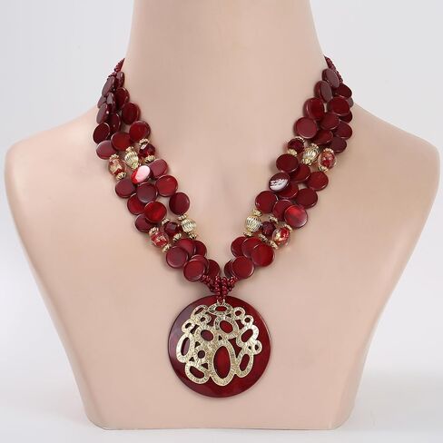 Gold/Silver plated Circle Metal Patterned Shell Pendant Necklace and Earrings Colorful Chunky Layered Shell Crystal Stone Beads Necklace Set for Women Leopard Print Brown Jewelry Set Gift in Saudi Arabia