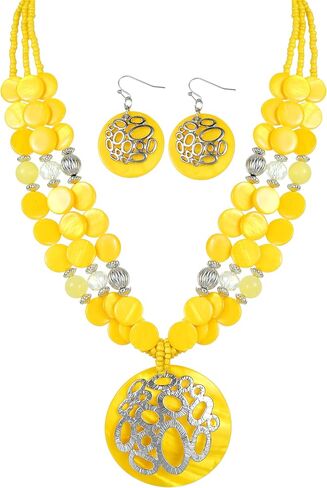 Gold/Silver plated Circle Metal Patterned Shell Pendant Necklace and Earrings Colorful Chunky Layered Shell Crystal Stone Beads Necklace Set for Women Leopard Print Brown Jewelry Set Gift in Saudi Arabia