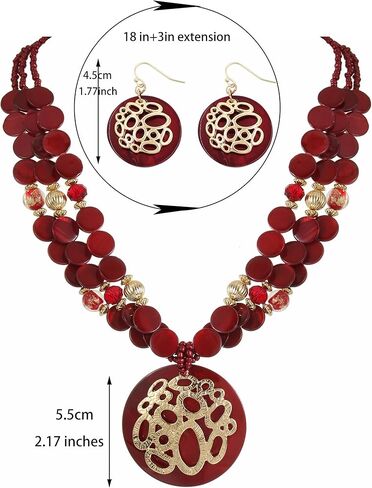 Gold/Silver plated Circle Metal Patterned Shell Pendant Necklace and Earrings Colorful Chunky Layered Shell Crystal Stone Beads Necklace Set for Women Leopard Print Brown Jewelry Set Gift in Saudi Arabia