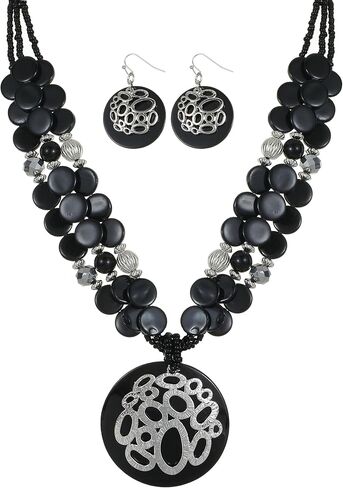 Gold/Silver plated Circle Metal Patterned Shell Pendant Necklace and Earrings Colorful Chunky Layered Shell Crystal Stone Beads Necklace Set for Women Leopard Print Brown Jewelry Set Gift in Saudi Arabia