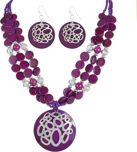 Gold/Silver plated Circle Metal Patterned Shell Pendant Necklace and Earrings Colorful Chunky Layered Shell Crystal Stone Beads Necklace Set for Women Leopard Print Brown Jewelry Set Gift in Saudi Arabia