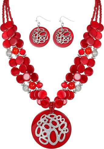 Gold/Silver plated Circle Metal Patterned Shell Pendant Necklace and Earrings Colorful Chunky Layered Shell Crystal Stone Beads Necklace Set for Women Leopard Print Brown Jewelry Set Gift in Saudi Arabia