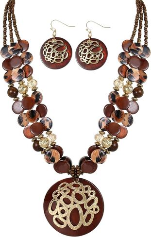 Gold/Silver plated Circle Metal Patterned Shell Pendant Necklace and Earrings Colorful Chunky Layered Shell Crystal Stone Beads Necklace Set for Women Leopard Print Brown Jewelry Set Gift in Saudi Arabia
