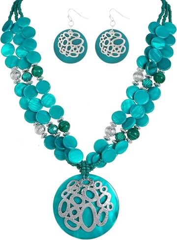 Gold/Silver plated Circle Metal Patterned Shell Pendant Necklace and Earrings Colorful Chunky Layered Shell Crystal Stone Beads Necklace Set for Women Leopard Print Brown Jewelry Set Gift in Saudi Arabia