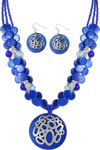 Gold/Silver plated Circle Metal Patterned Shell Pendant Necklace and Earrings Colorful Chunky Layered Shell Crystal Stone Beads Necklace Set for Women Leopard Print Brown Jewelry Set Gift in Saudi Arabia