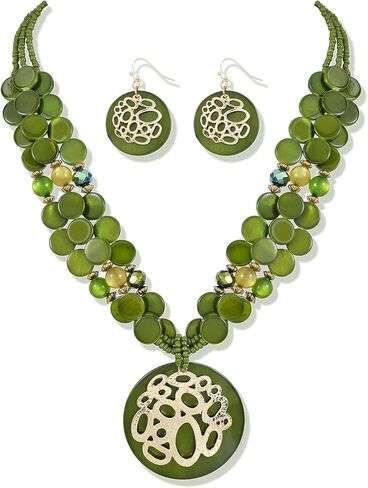 Gold/Silver plated Circle Metal Patterned Shell Pendant Necklace and Earrings Colorful Chunky Layered Shell Crystal Stone Beads Necklace Set for Women Leopard Print Brown Jewelry Set Gift in Saudi Arabia