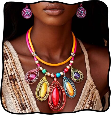 Fstrend Chunky Statement Necklace and Spiral Earrings Set for Women, Boho Multi-Color Jewelry, African Choker in Saudi Arabia