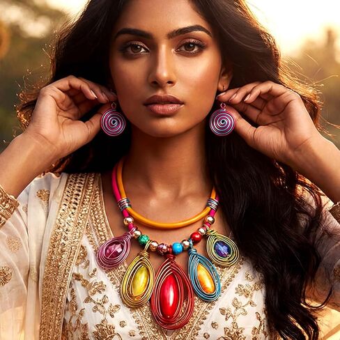Fstrend Chunky Statement Necklace and Spiral Earrings Set for Women, Boho Multi-Color Jewelry, African Choker in Saudi Arabia