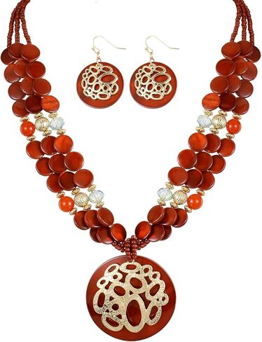 Gold/Silver plated Circle Metal Patterned Shell Pendant Necklace and Earrings Colorful Chunky Layered Shell Crystal Stone Beads Necklace Set for Women Leopard Print Brown Jewelry Set Gift in Saudi Arabia