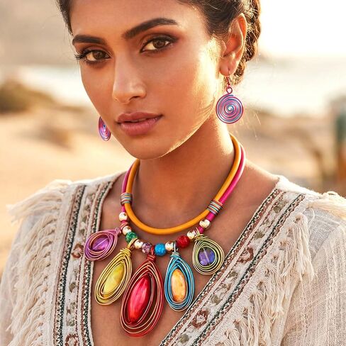 Fstrend Chunky Statement Necklace and Spiral Earrings Set for Women, Boho Multi-Color Jewelry, African Choker in Saudi Arabia
