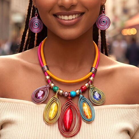 Fstrend Chunky Statement Necklace and Spiral Earrings Set for Women, Boho Multi-Color Jewelry, African Choker in Saudi Arabia