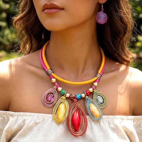 Fstrend Chunky Statement Necklace and Spiral Earrings Set for Women, Boho Multi-Color Jewelry, African Choker in Saudi Arabia