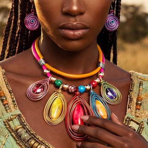 Fstrend Chunky Statement Necklace and Spiral Earrings Set for Women, Boho Multi-Color Jewelry, African Choker in Saudi Arabia