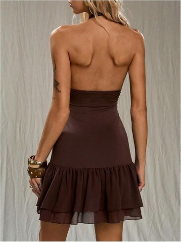 MakeMeChic Women's Y2k Halter Mini Dress Western V Neck Party Club Ruffle Dresses in Saudi Arabia