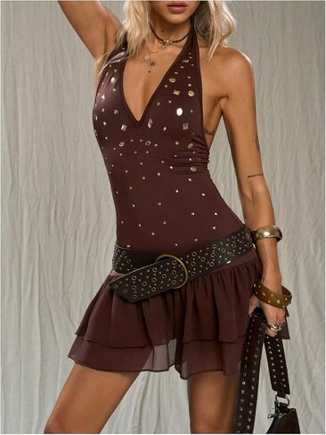 MakeMeChic Women's Y2k Halter Mini Dress Western V Neck Party Club Ruffle Dresses in Saudi Arabia