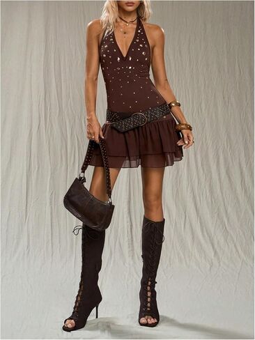 MakeMeChic Women's Y2k Halter Mini Dress Western V Neck Party Club Ruffle Dresses in Saudi Arabia
