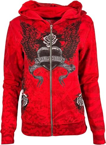 سترة Xtreme Couture من Affliction للسيدات بغطاء رأس بسحاب Love Hate، باللون الأحمر مع صليب مجنح ورسومات وردية in Kuwait