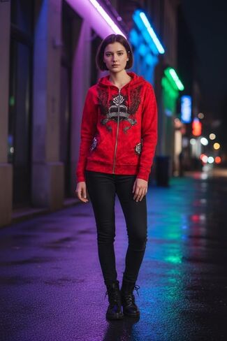 سترة Xtreme Couture من Affliction للسيدات بغطاء رأس بسحاب Love Hate، باللون الأحمر مع صليب مجنح ورسومات وردية in Kuwait