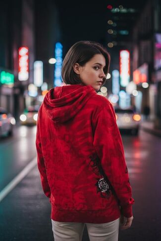 سترة Xtreme Couture من Affliction للسيدات بغطاء رأس بسحاب Love Hate، باللون الأحمر مع صليب مجنح ورسومات وردية in Kuwait