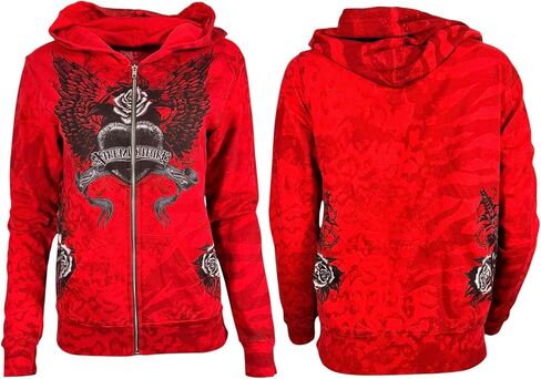 سترة Xtreme Couture من Affliction للسيدات بغطاء رأس بسحاب Love Hate، باللون الأحمر مع صليب مجنح ورسومات وردية in Kuwait