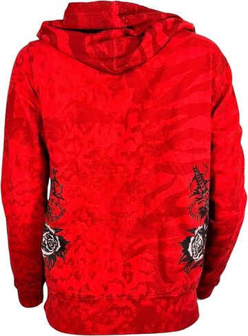 سترة Xtreme Couture من Affliction للسيدات بغطاء رأس بسحاب Love Hate، باللون الأحمر مع صليب مجنح ورسومات وردية in Kuwait