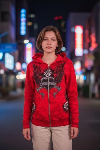 سترة Xtreme Couture من Affliction للسيدات بغطاء رأس بسحاب Love Hate، باللون الأحمر مع صليب مجنح ورسومات وردية in Kuwait