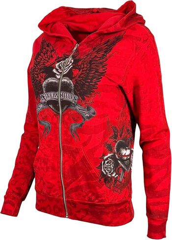 سترة Xtreme Couture من Affliction للسيدات بغطاء رأس بسحاب Love Hate، باللون الأحمر مع صليب مجنح ورسومات وردية in Kuwait