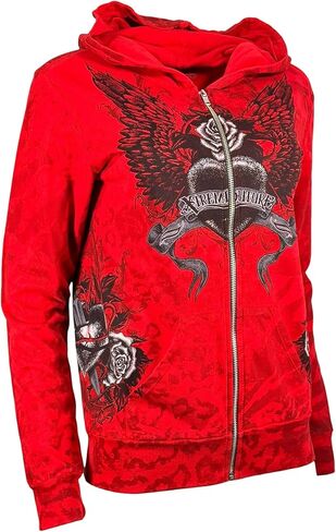 سترة Xtreme Couture من Affliction للسيدات بغطاء رأس بسحاب Love Hate، باللون الأحمر مع صليب مجنح ورسومات وردية in Kuwait