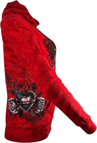 سترة Xtreme Couture من Affliction للسيدات بغطاء رأس بسحاب Love Hate، باللون الأحمر مع صليب مجنح ورسومات وردية in Kuwait