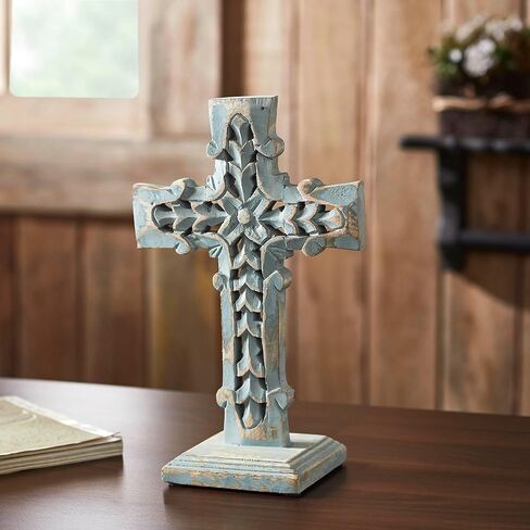 VHC Brands Distressed Grey Wooden Cross w/Rosette Center & Base 8x13, Home Decor for Any Room, Made of Wood, Decorative Religious Art in Saudi Arabia