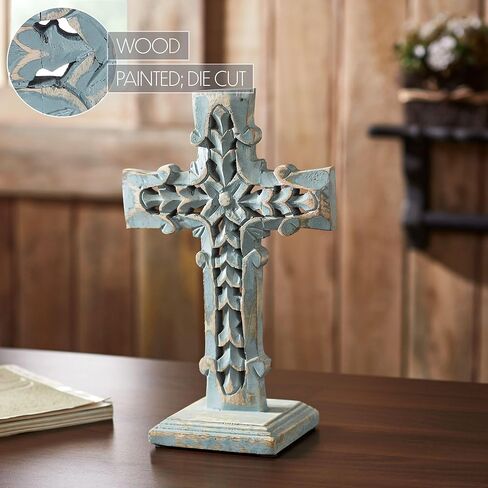 VHC Brands Distressed Grey Wooden Cross w/Rosette Center & Base 8x13, Home Decor for Any Room, Made of Wood, Decorative Religious Art in Saudi Arabia