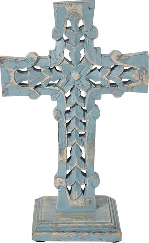 VHC Brands Distressed Grey Wooden Cross w/Rosette Center & Base 8x13, Home Decor for Any Room, Made of Wood, Decorative Religious Art in Saudi Arabia