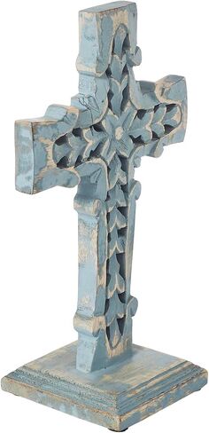 VHC Brands Distressed Grey Wooden Cross w/Rosette Center & Base 8x13, Home Decor for Any Room, Made of Wood, Decorative Religious Art in Saudi Arabia