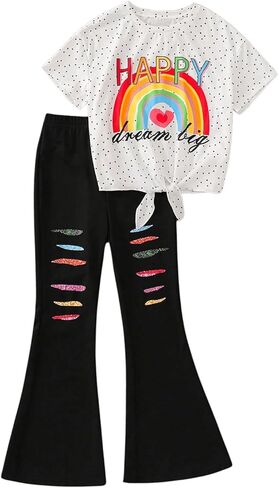 WDIRARA Girl's Cartoon Print Round Neck Short Sleeve Tee Top & Cut Out Wide Leg Pants 2 Piece Summer Trendy Outfits in Saudi Arabia
