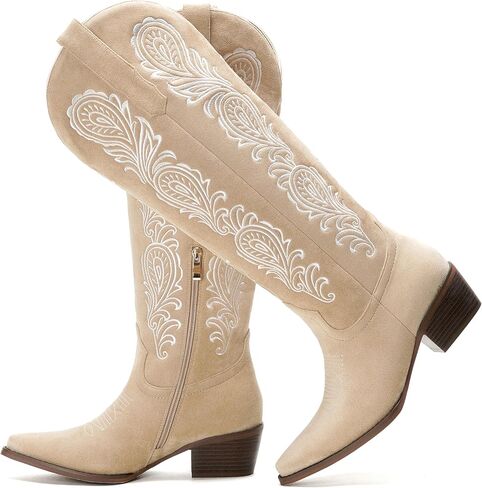 Cozivwaiy النساء أحذية رعاة البقر المطرزة الركبة عالية من جلد الغزال الأحذية 1.96 بوصة الكعب سحب على راعية البقر التمهيد واسعة العجل طويل القامة نصف سحاب مكتنزة مدببة in Kuwait