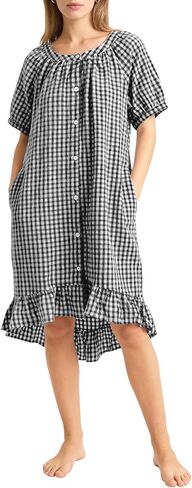 PEHMEA Women's Cotton Gingham Nightgown - Short Sleeve Sleepshirt with Pockets Button Down House Dress Loungewear PJs in Saudi Arabia