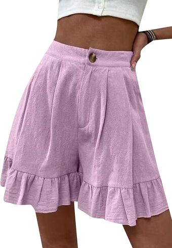 شورت نسائي صيفي عالي الخصر من GORIFE، شورت فضفاض مكشكش صيفي بأزرار واسعة الساق in Kuwait