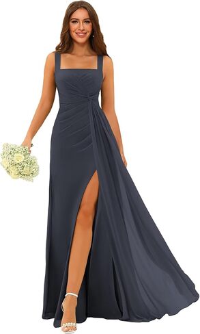 فساتين وصيفة العروس برقبة مربعة من Stylefun طويلة مع شق ومطوي على شكل حرف A من الشيفون فستان سهرة رسمي STN001 in Kuwait