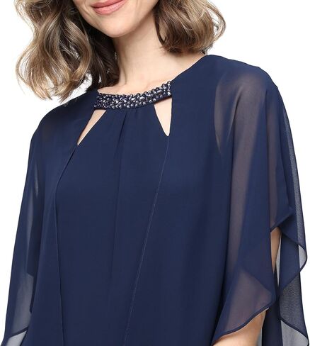 S.L. Fashions Women's Capelet Cascade Sleeve Dress with Beaded Cutout Neckline, Special Occasion Dress in Saudi Arabia