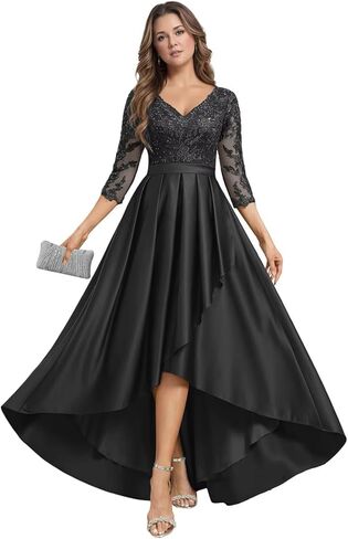 A Line Flowy Mother of The Bride Dresses for Women Lace 3/4 Sleeve V Neck Ruffle Satin Wedding Guest Dresses in Kuwait