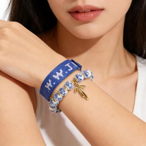 Fulbelle WWJD Bracelet Set for Women Christian Faith Ceramic Beaded Stretch with Adjustable Band Daily Gift in Saudi Arabia