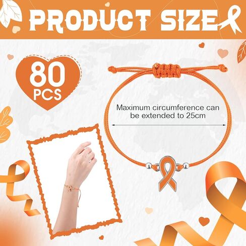 80 Pcs Leukemia Awareness Bracelet Adjustable Orange Ribbon Cord Fan Shaped Band Braided Bracelet Kidney Leukemia Lymphoma Brain Cancer Awareness Support for Women Men Fighters in Saudi Arabia