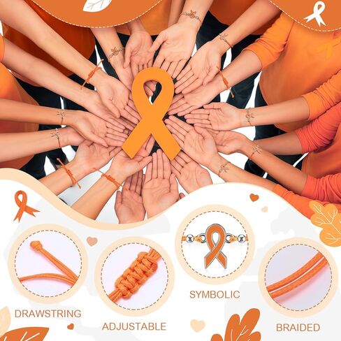 80 Pcs Leukemia Awareness Bracelet Adjustable Orange Ribbon Cord Fan Shaped Band Braided Bracelet Kidney Leukemia Lymphoma Brain Cancer Awareness Support for Women Men Fighters in Saudi Arabia