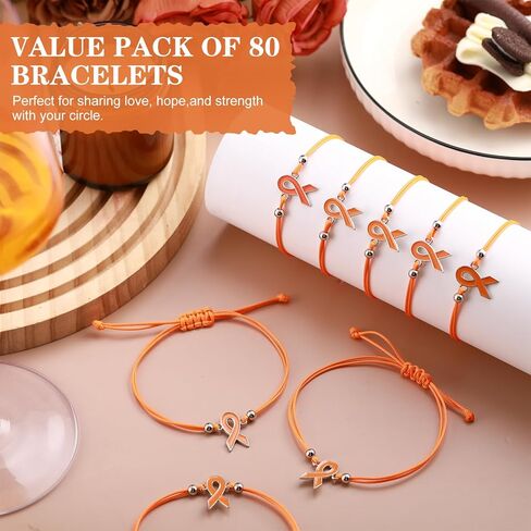 80 Pcs Leukemia Awareness Bracelet Adjustable Orange Ribbon Cord Fan Shaped Band Braided Bracelet Kidney Leukemia Lymphoma Brain Cancer Awareness Support for Women Men Fighters in Saudi Arabia