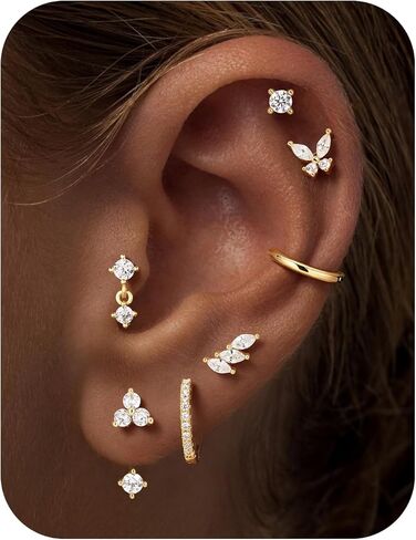 M MOOHAM Flat Back Earrings Stack for Women, Hypoallergenic 14K Gold-Plated Surgical Steel Earrings for Sensitive Ears Small CZ Stud Hoop Cartilage Earring Set Trendy Multiple Piercing Jewelry Gifts in Saudi Arabia