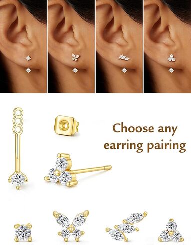 M MOOHAM Flat Back Earrings Stack for Women, Hypoallergenic 14K Gold-Plated Surgical Steel Earrings for Sensitive Ears Small CZ Stud Hoop Cartilage Earring Set Trendy Multiple Piercing Jewelry Gifts in Saudi Arabia