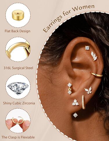 M MOOHAM Flat Back Earrings Stack for Women, Hypoallergenic 14K Gold-Plated Surgical Steel Earrings for Sensitive Ears Small CZ Stud Hoop Cartilage Earring Set Trendy Multiple Piercing Jewelry Gifts in Saudi Arabia