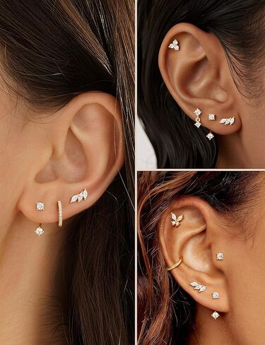 M MOOHAM Flat Back Earrings Stack for Women, Hypoallergenic 14K Gold-Plated Surgical Steel Earrings for Sensitive Ears Small CZ Stud Hoop Cartilage Earring Set Trendy Multiple Piercing Jewelry Gifts in Saudi Arabia